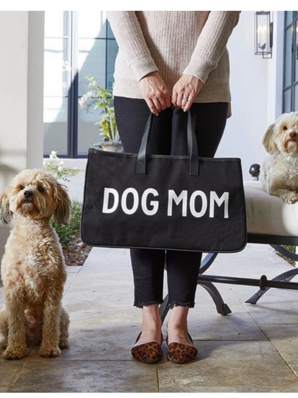 SANTA BARBARA Dog Mom Savannah Canvas Tote Bag Black with Leather Straps